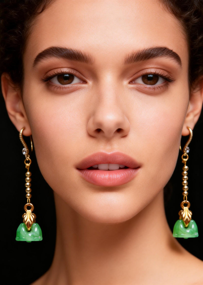 Retro Green Lotus Seedpod Jade Gilding Drop Earrings
