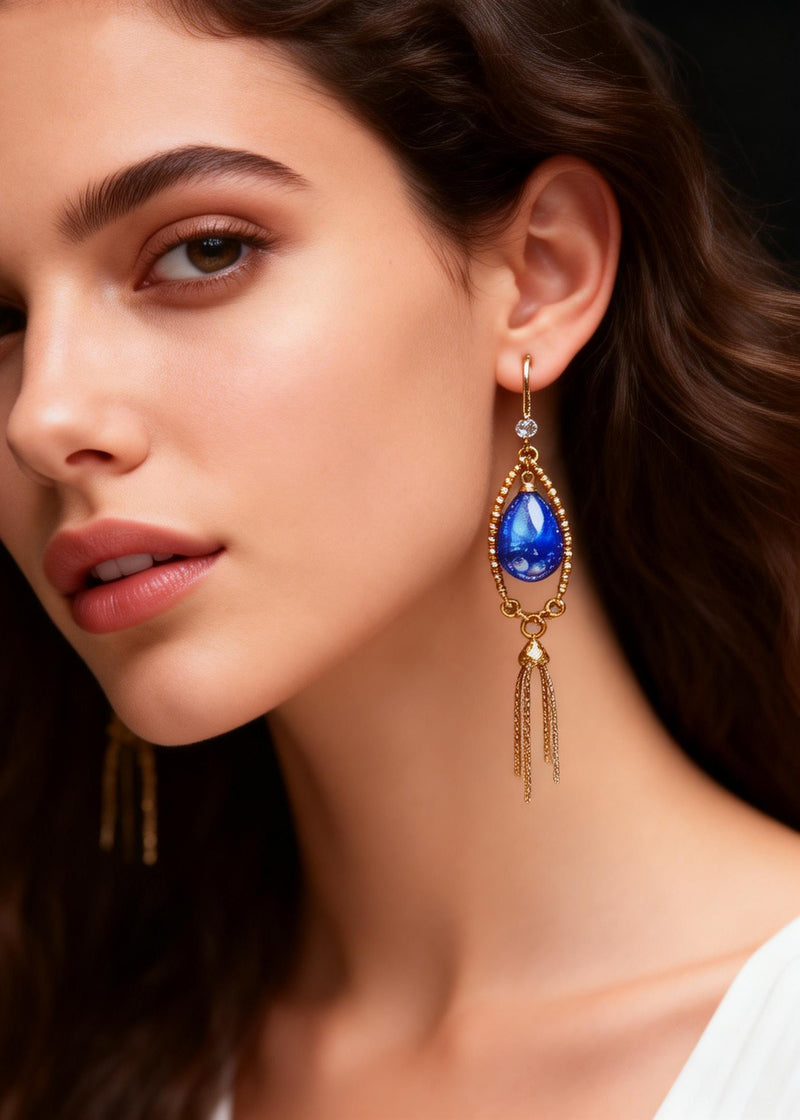 Retro Peacock Blue Water Droplet Gem Stone Tassels Drop Earring