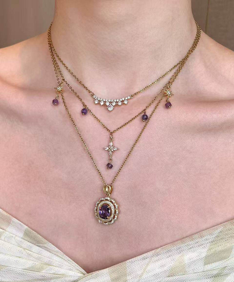 Retro Purple Zircon Layering Alloy Two Piece Set Pendant Necklace