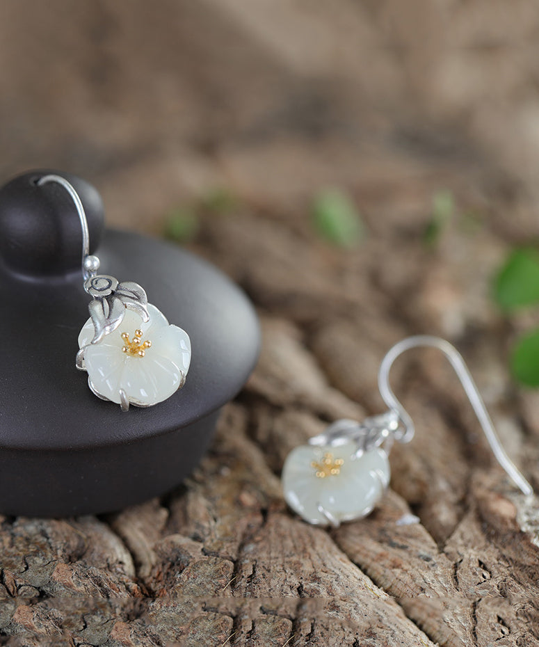 Retro Silk Sterling Silver Inlaid Jade Drop Earrings