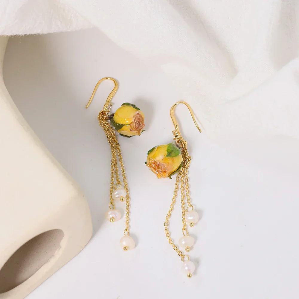 Pearl & Rose Drop Earrings