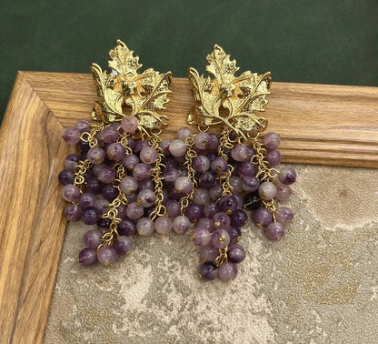 Grape & Gold Leaf Tassel Earrings