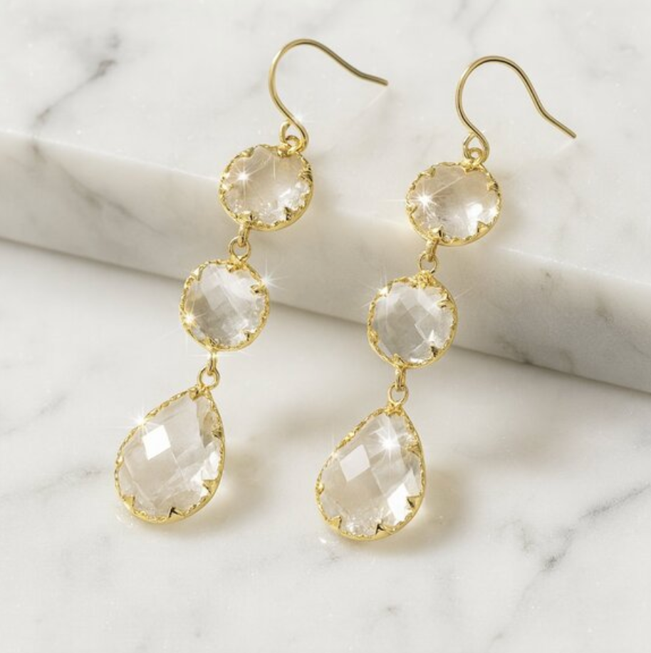 “sia” Crystal Chandelier Earrings With Gold Etching