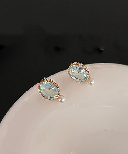 Simple Gold Sterling Silver Overgild Pearl Zircon Stud Earrings