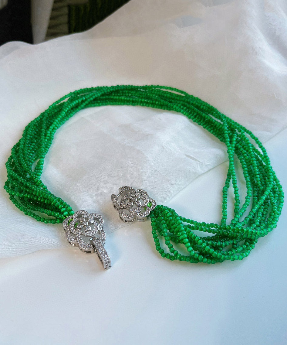 Skinny Green Stainless Steel Cat Eye Stone Multi Layer Beading Gratuated Bead Necklace Ya026