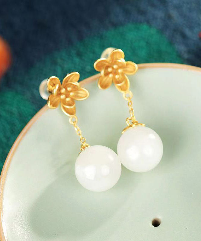 Skinny White Ancient Gold Jade Drop Earrings