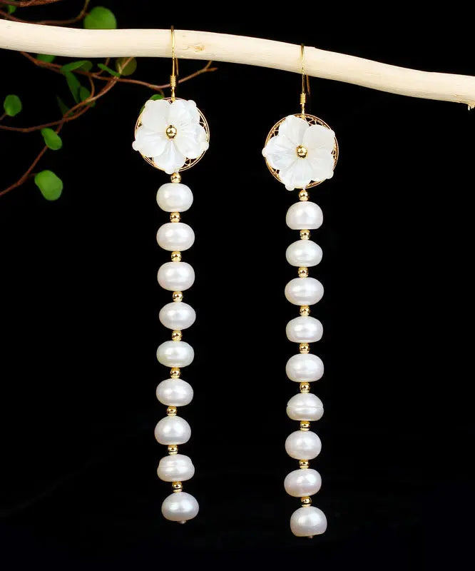 Sterling Silver Overgild Pearl Shell Flower Tassel Drop Earrings