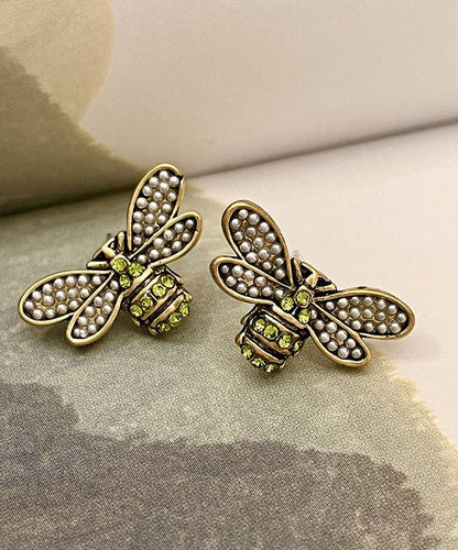 Style Ancient Gold Zircon Pearl Little Bee Stud Earrings