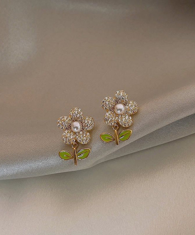 Stylish Gold Sterling Silver Alloy Zircon Pearl Stud Earrings