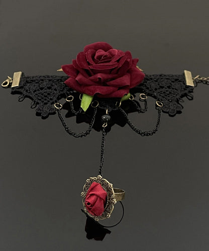 Stylish Red Lace Rose Necklace and Chain Bracelet Tassel Two-piece Set Princess Necklace