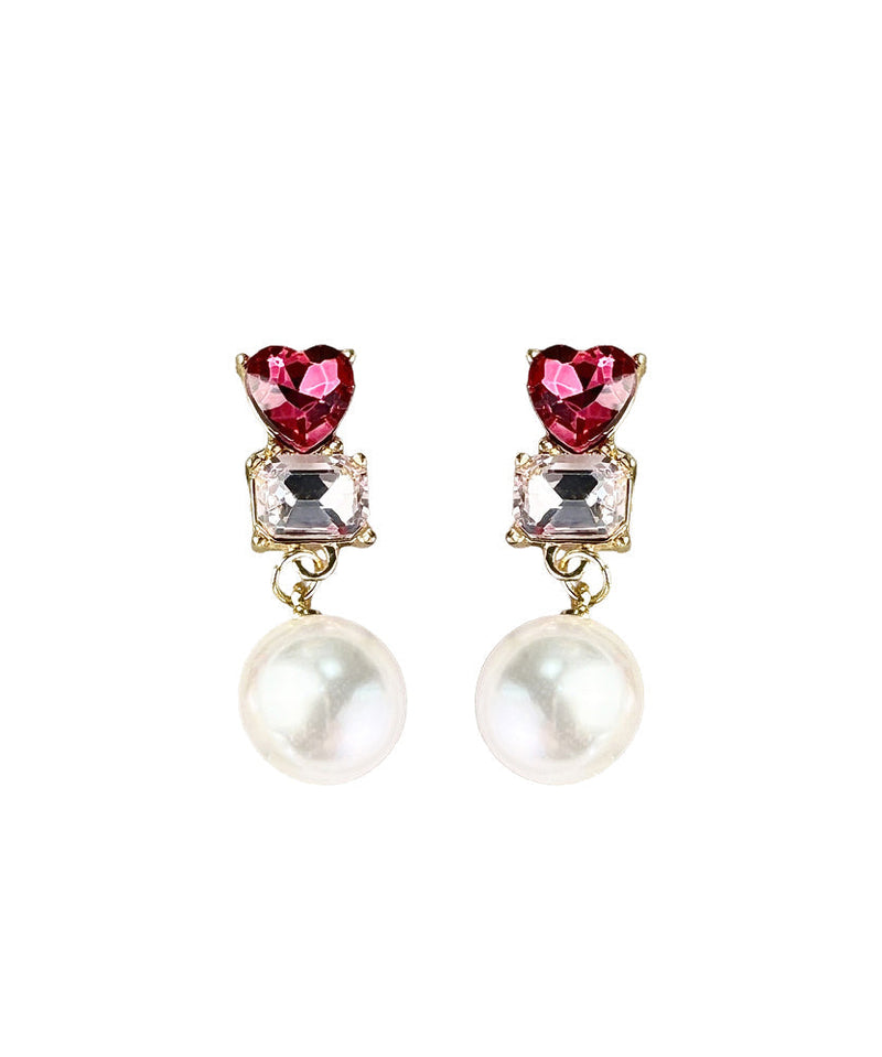 Stylish Red Sterling Silver Zircon Love Crystal Pearl Drop Earrings