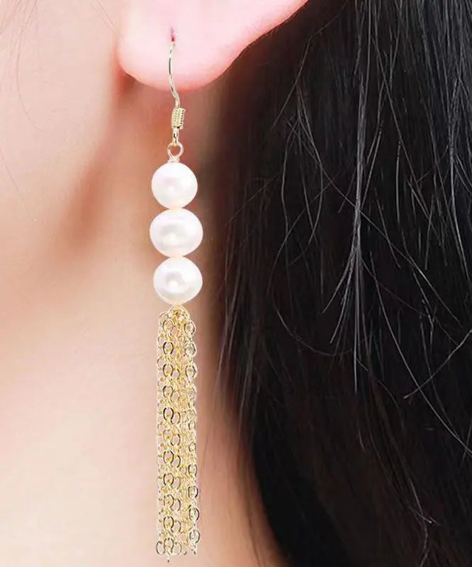 Sterling Silver Overgild Pearl Tassel Drop Earrings