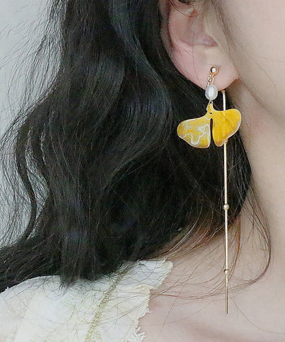 Stylish Yellow 14k Gold Pearl Ginkgo Leaf Tassel Drop Earrings