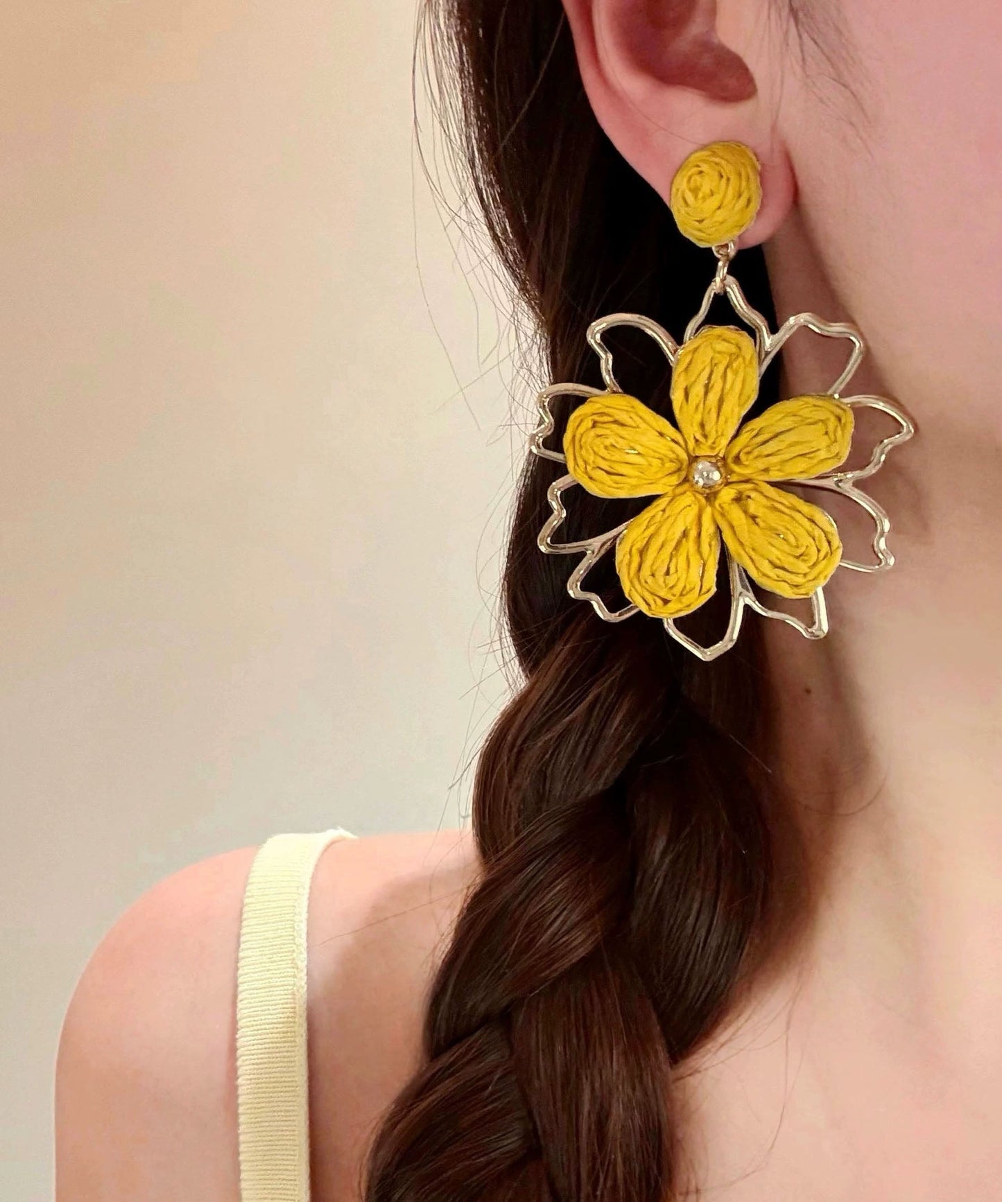 Stylish Yellow Alloy Weavin Hollow Out Drop Earrings