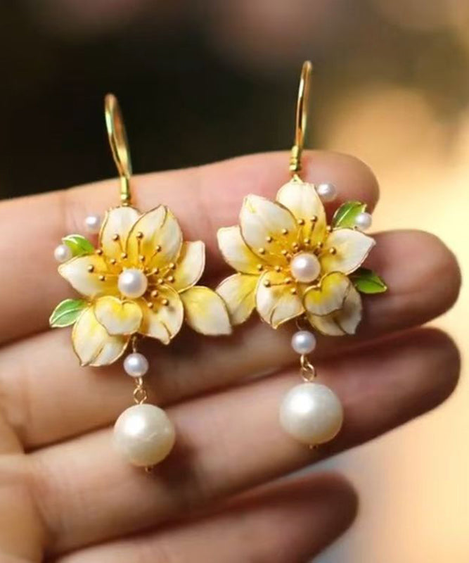 Stylish Yellow Sterling Silver Alloy Pearl Tassel Drop Earrings