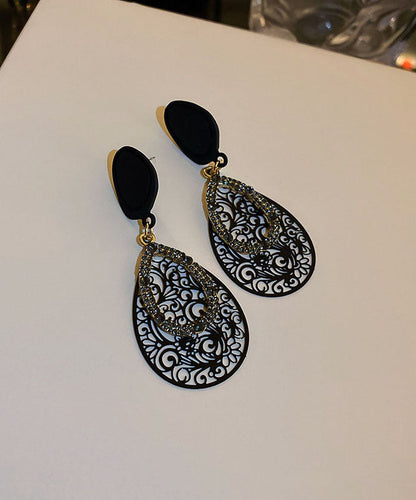 Unique Black Alloy Zircon Water Drop Hollow Out Drop Earrings