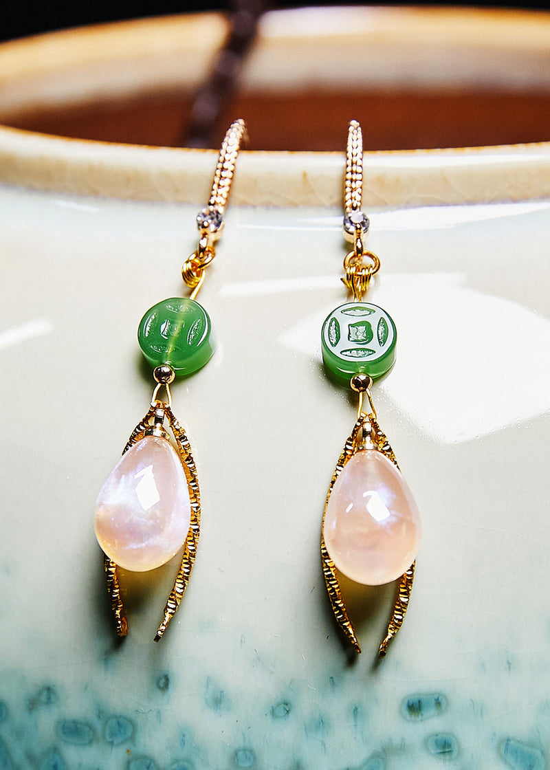 Unique Champagne Water Droplet Gem Stone Jade Drop Earrings