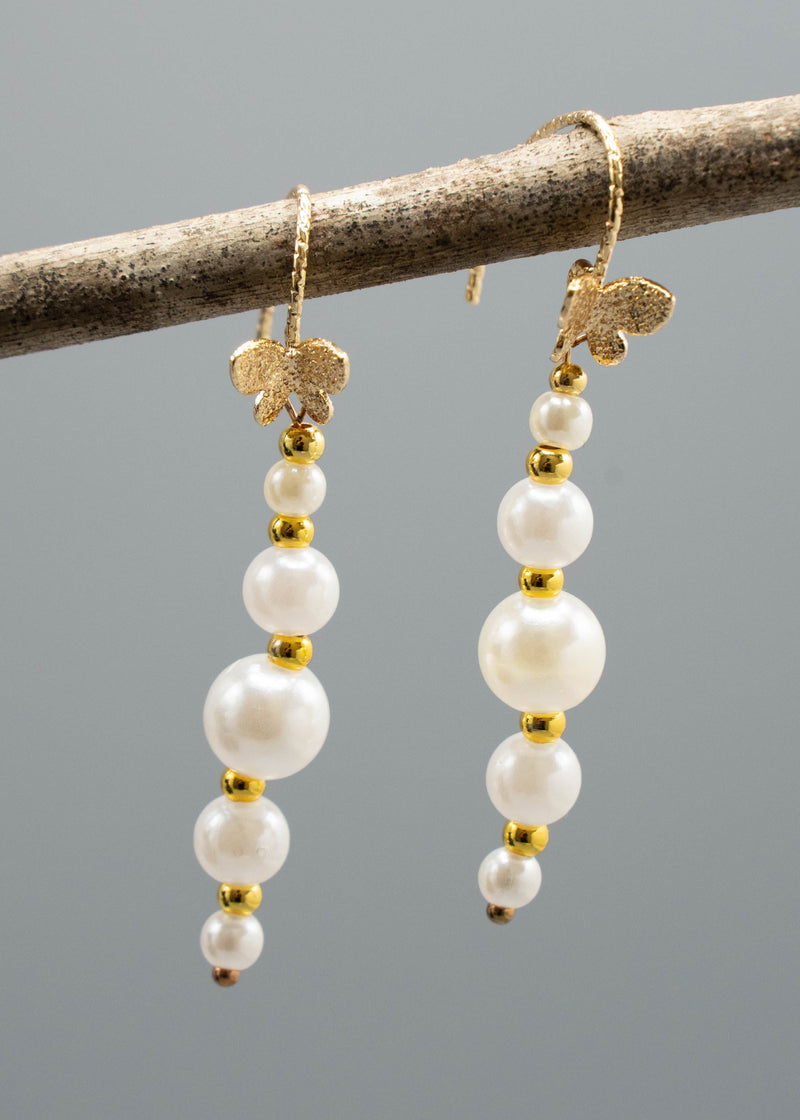 Unique White Pearl Golden Butterfly Drop Earrings