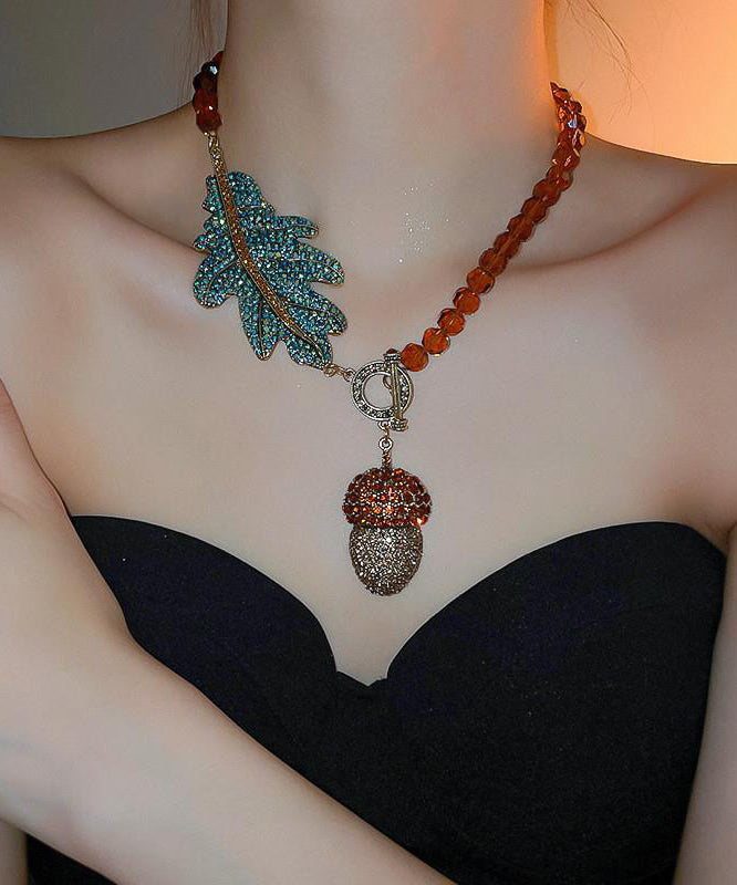 Coffee Alloy Zircon Crystal Leaves Pendant Necklace Qz019