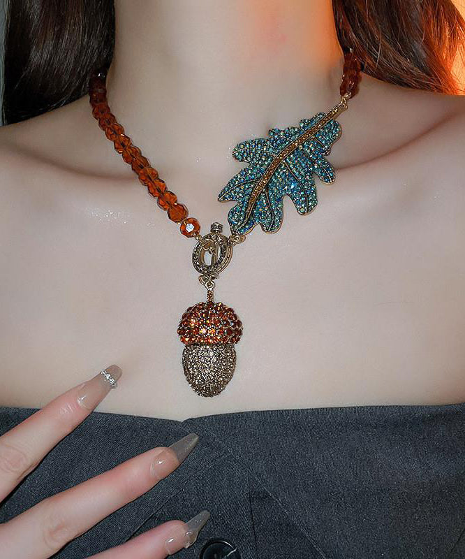 Coffee Alloy Zircon Crystal Leaves Pendant Necklace Qz019
