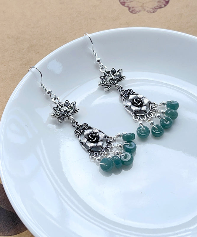 Jade Tassel Patchwork Silver Drop Earrings