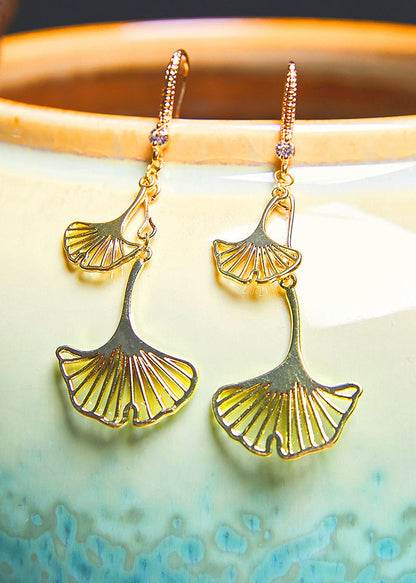 Ginkgo Leaf 14k Gold Zircon Drop Earrings