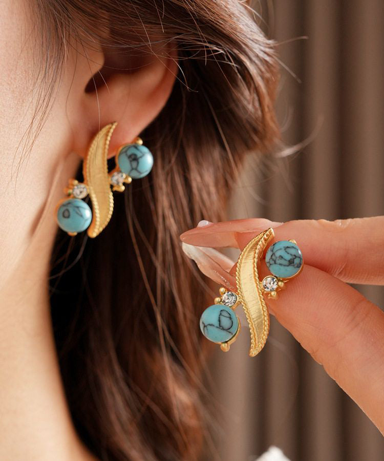 Gold Alloy Zircon Turquoise Stud Earrings