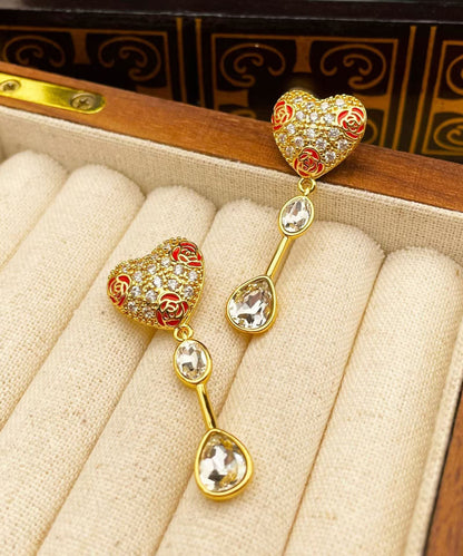 Gold Copper Overgild Zircon Glass Love Tassel Drop Earrings