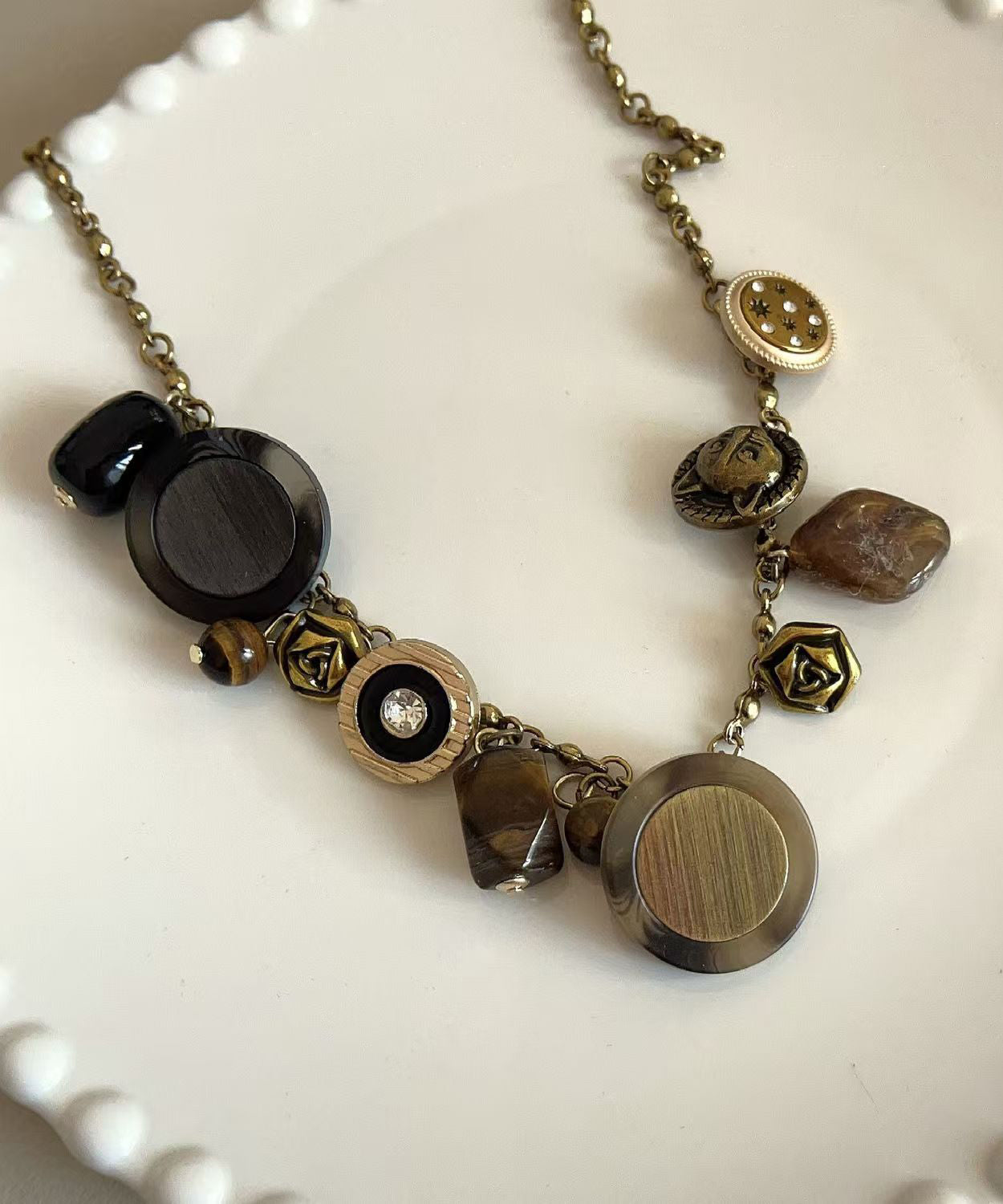 Gold Copper Tiger Eye Stone Tassel Necklace