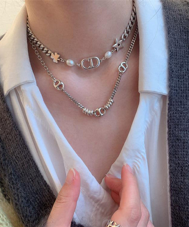 Gold Stainless Steel Chain Linked Patchwork Pendant Necklace Po005