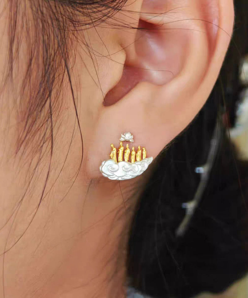 Gold Sterling Silver Overgild Auspicious Clouds Lotus Six Buddhas Stud Earrings