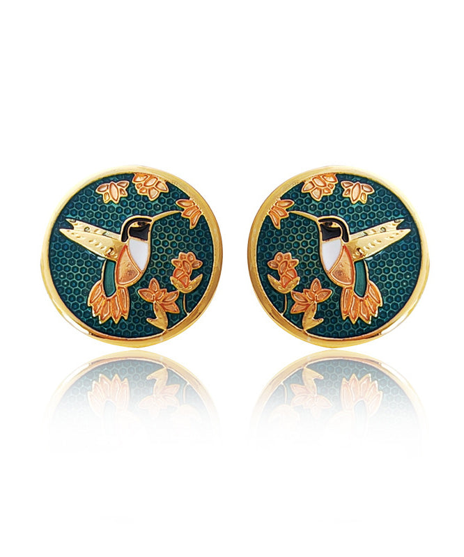 Green Hummingbird Among Flowers Stud Earrings