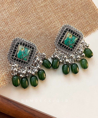 Green Geometric Tassel Silver Plated Drop Earrings