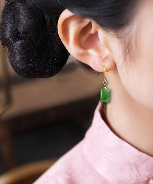 Green Sterling Silver Square Jade Drop Earrings Tw1051