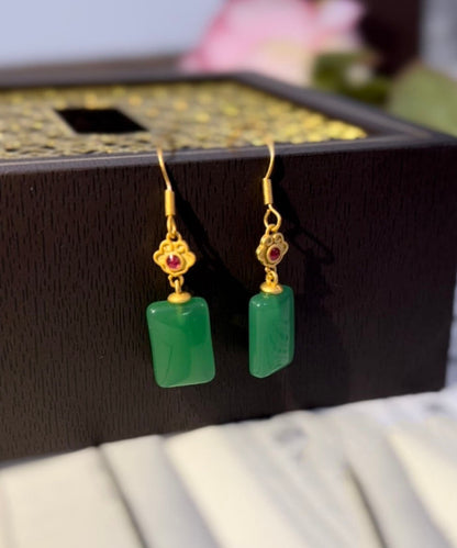 Green Sterling Silver Square Jade Drop Earrings Tw1051