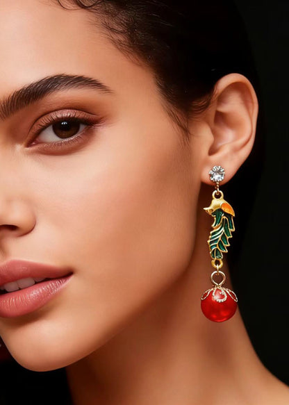 Red Pearl Cloisonne Gilding Drop Earrings