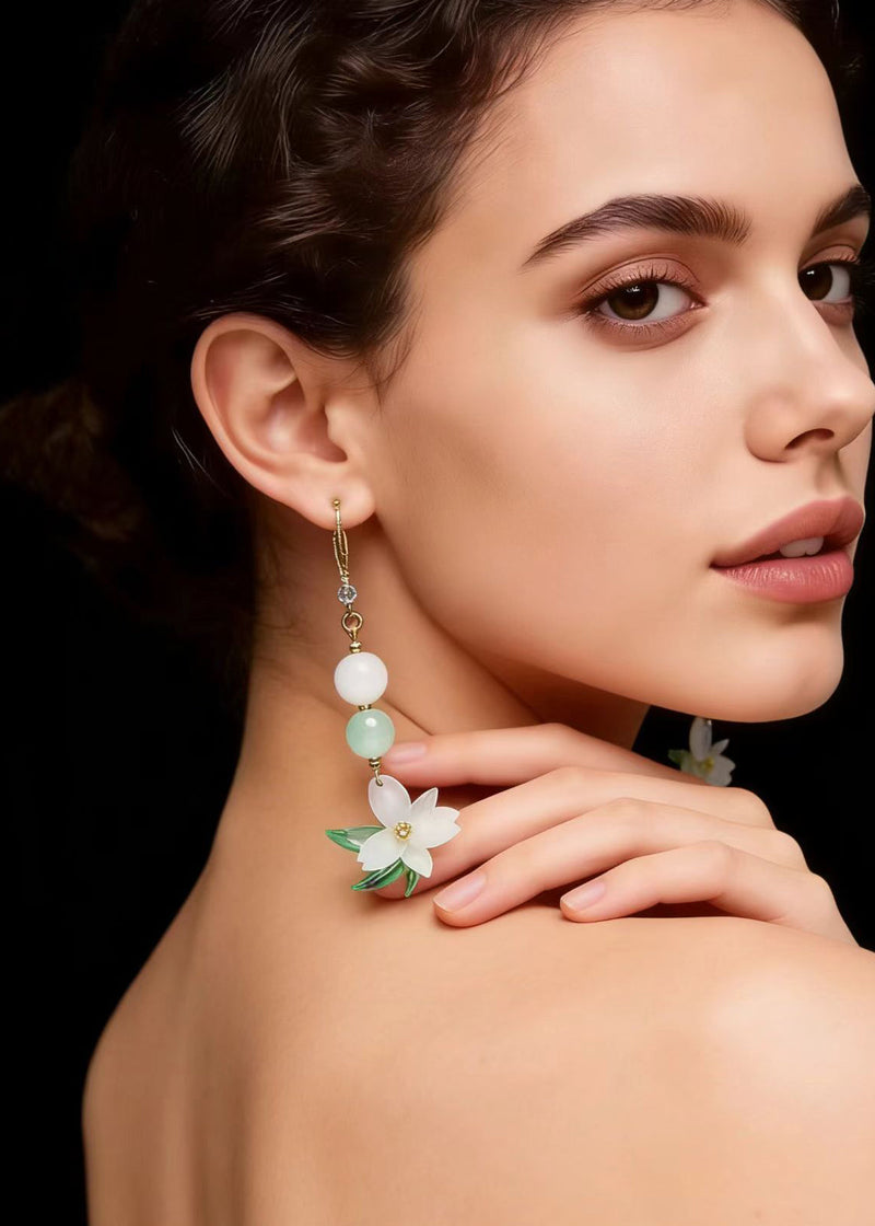 White Jade Lotus Flower Drop Earrings
