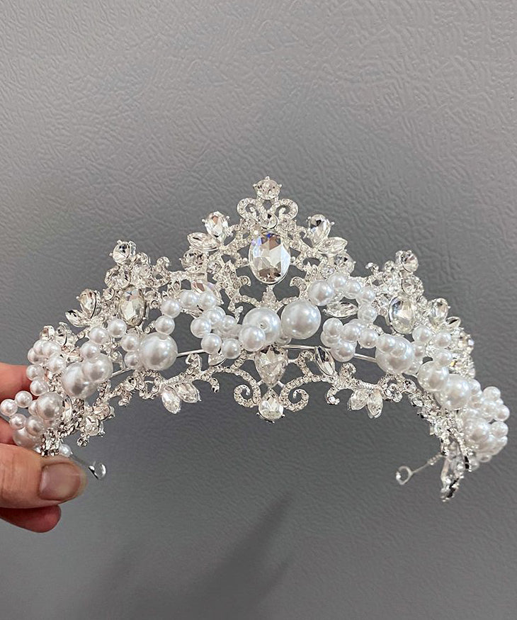 Vogue White Alloy Zircon Pearl Crown , Necklace and Hairpiece Three-piece Set