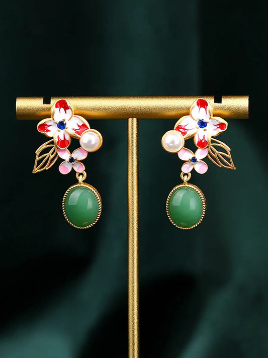 Enamel Jade Glod Plate Earrings