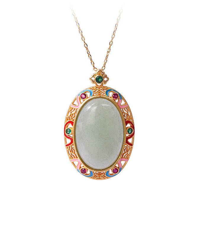 Gold Copper Overgild Jade Enamel Auspicious Clouds Pendant Necklace Kx1058