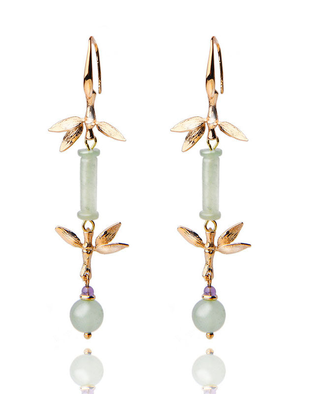 Green Jade Bamboo 14k Gold Tassel Drop Earrings