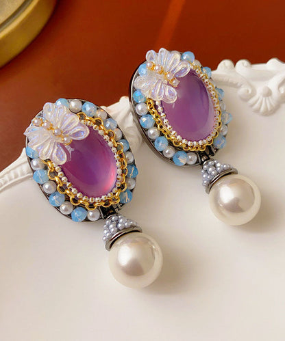 Purple Acrylic Alloy Crystal Pearl Resin Butterfly Stud Earrings