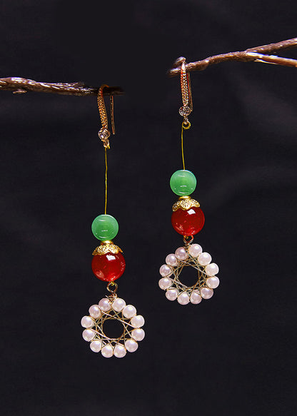 Sunflower Pearl Coral Long Drop Earrings