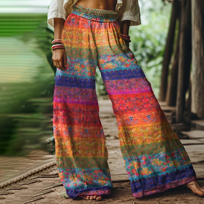 Comstylish Holiday Rainbow Floral Print Loose Linen Blend Pants