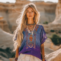 Vintage Bohemian Ethnic Gradient Linen Art Print Short Sleeve V-neck Shirt elevenforest