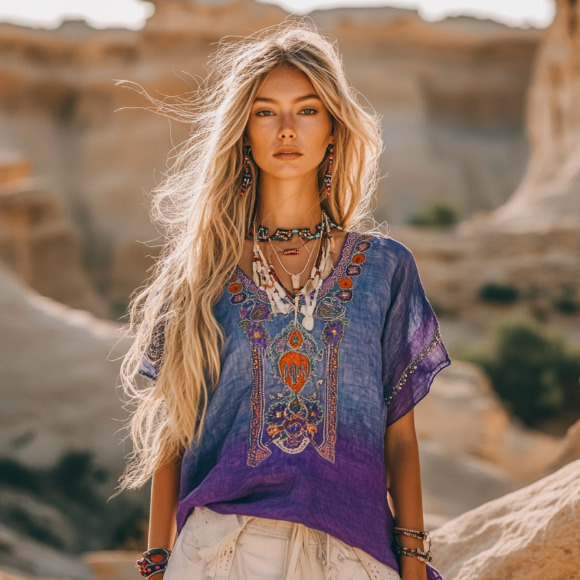 Vintage Bohemian Ethnic Gradient Linen Art Print Short Sleeve V-neck Shirt elevenforest
