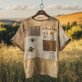 Vintage Bee Wildflowers Patchwork Print Linen T-shirt elevenforest