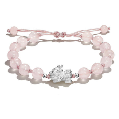 Buddha Stones Natural Black Obsidian Cat's Eye Pink Crystal Pixiu Strength Bracelet