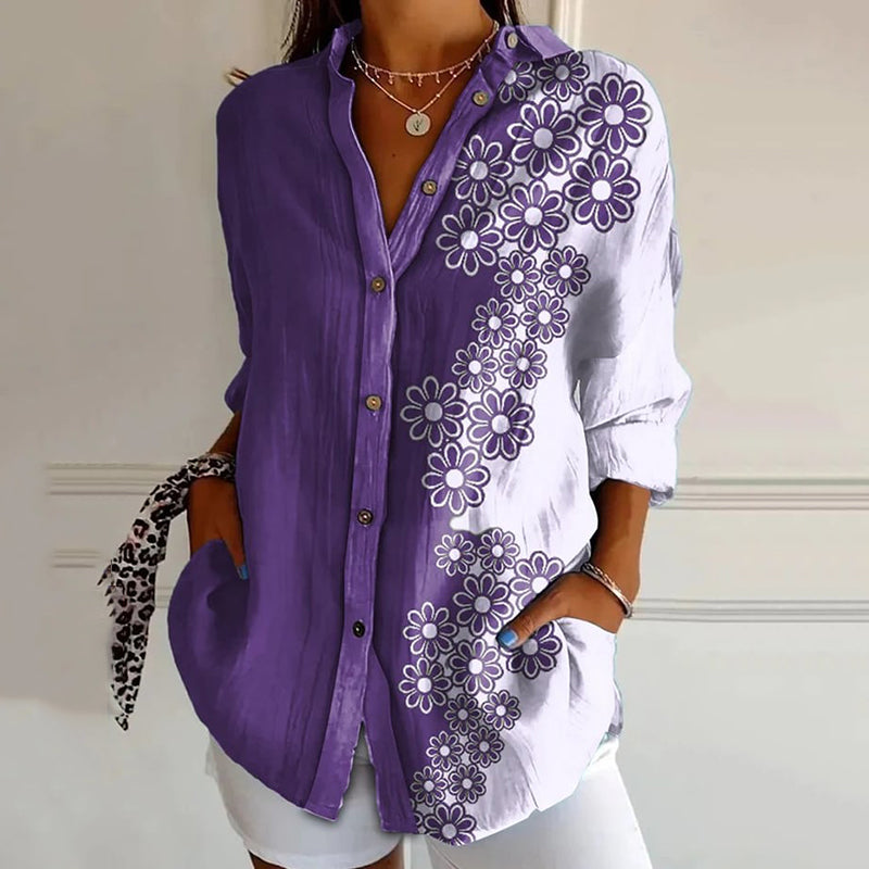 Women's Purple Floral Art Button Down Casual Shirt elevenforest
