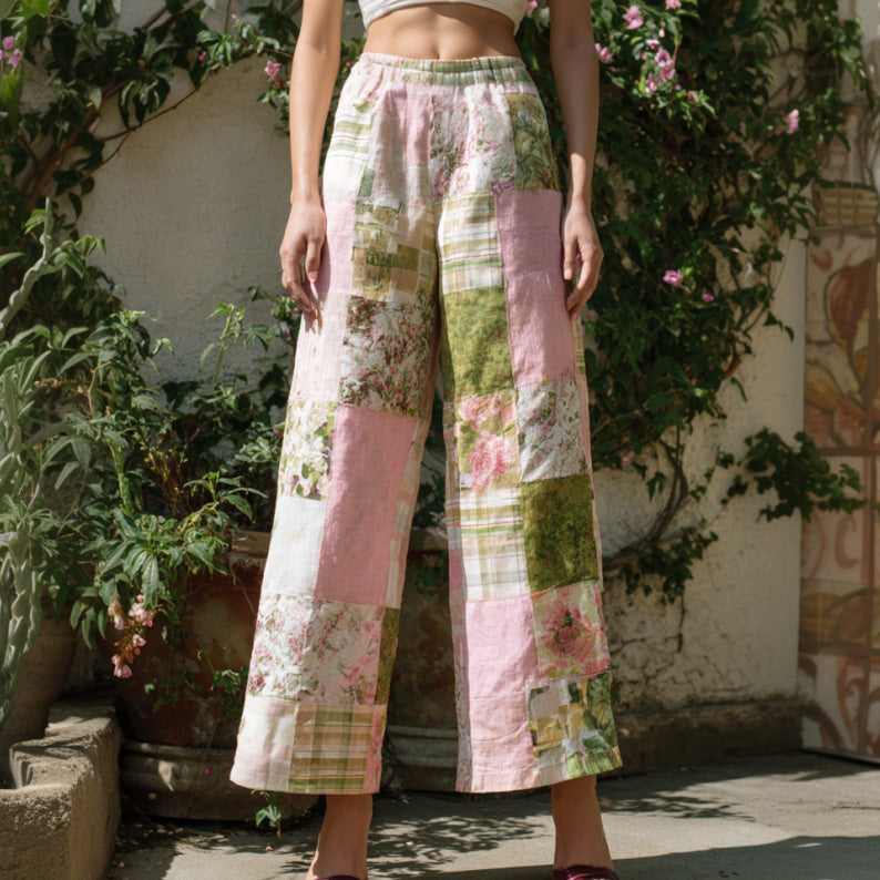 Women's Retro Bohemian Floral Patchwork Linen Trousers elevenforest